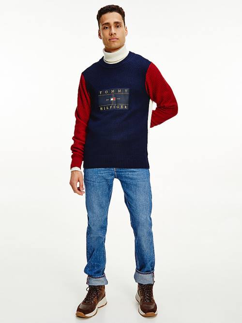 Tommy Hilfiger Icons Colour-Blocked Mixed Knit Jumper Kazak Erkek Mavi | TH312SYM