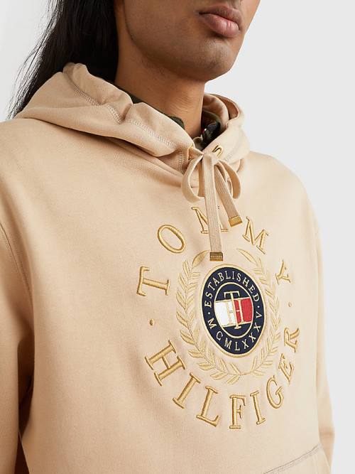 Tommy Hilfiger Icons Logo Embroidery Kapüşonlu Sweatshirt Erkek Bej Rengi | TH538ZBP