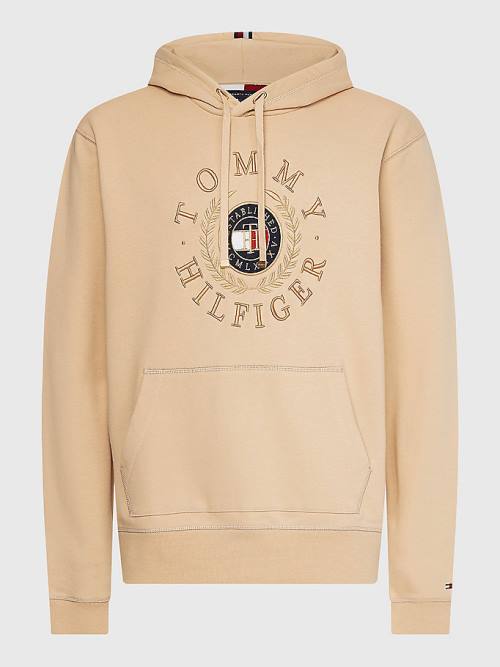 Tommy Hilfiger Icons Logo Embroidery Kapüşonlu Sweatshirt Erkek Bej Rengi | TH538ZBP