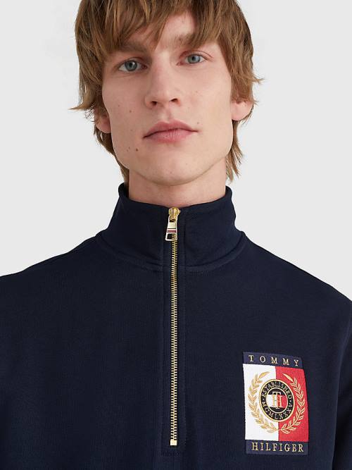 Tommy Hilfiger Icons Logo Half-Zip Kapüşonlu Sweatshirt Erkek Mavi | TH162BAQ