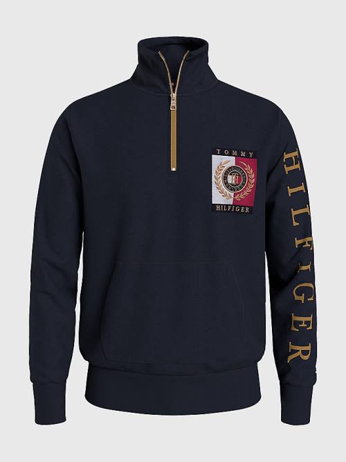 Tommy Hilfiger Icons Logo Half-Zip Kapüşonlu Sweatshirt Erkek Mavi | TH162BAQ