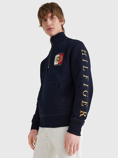 Tommy Hilfiger Icons Logo Half-Zip Kapüşonlu Sweatshirt Erkek Mavi | TH162BAQ