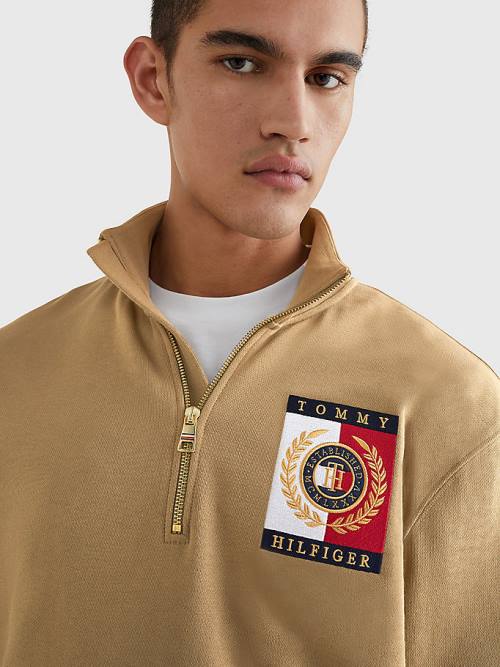 Tommy Hilfiger Icons Logo Half-Zip Kapüşonlu Sweatshirt Erkek Kahverengi | TH956TDN