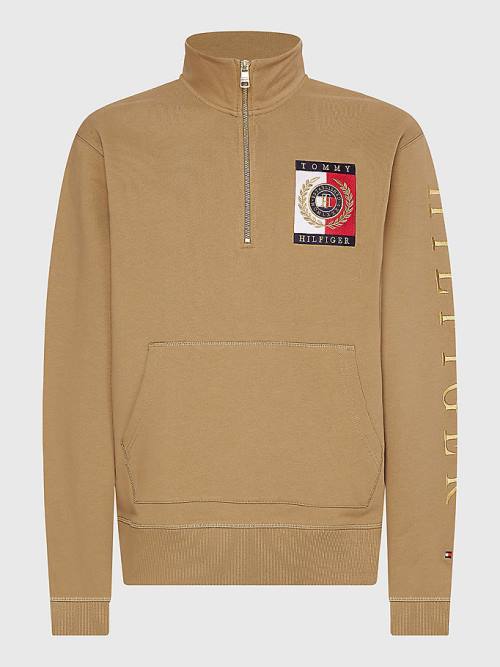 Tommy Hilfiger Icons Logo Half-Zip Kapüşonlu Sweatshirt Erkek Kahverengi | TH956TDN