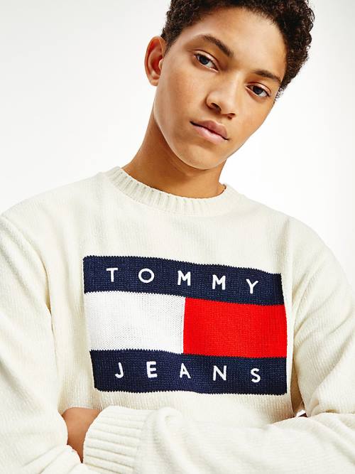 Tommy Hilfiger Intarsia Flag Relaxed Fit Jumper Kazak Erkek Beyaz | TH512HRS