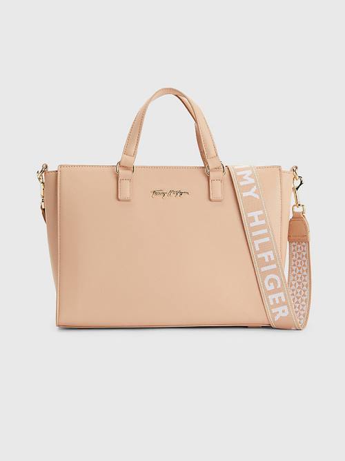 Tommy Hilfiger Joy Signature Satchel Çanta Kadın Bej Rengi | TH613PHA