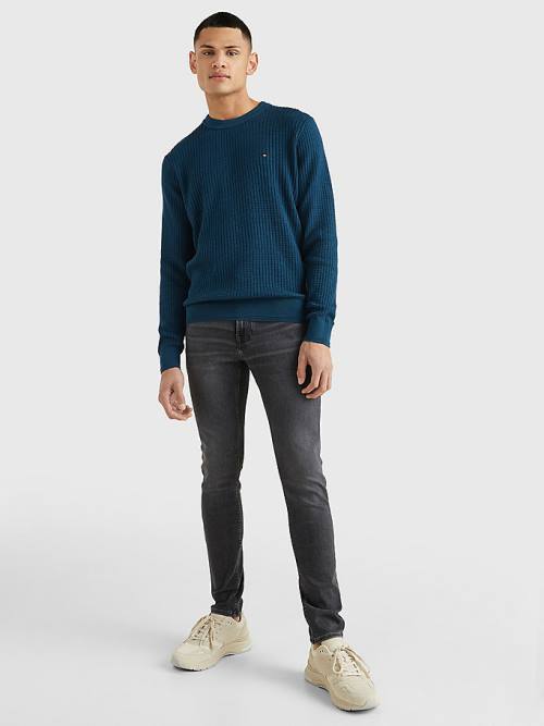 Tommy Hilfiger Knitted Grid Check Crew Neck Jumper Kazak Erkek Mavi | TH032RCG