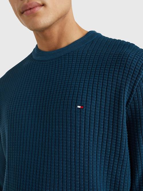 Tommy Hilfiger Knitted Grid Check Crew Neck Jumper Kazak Erkek Mavi | TH032RCG