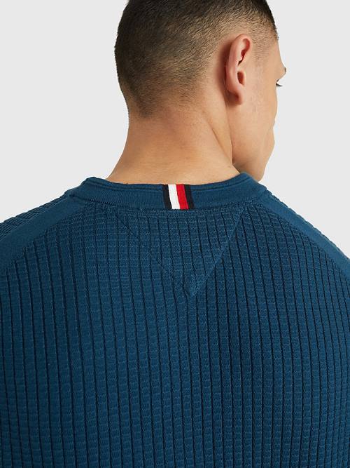 Tommy Hilfiger Knitted Grid Check Crew Neck Jumper Kazak Erkek Mavi | TH032RCG