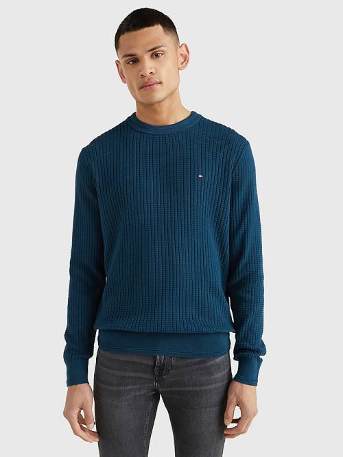 Tommy Hilfiger Knitted Grid Check Crew Neck Jumper Kazak Erkek Mavi | TH032RCG