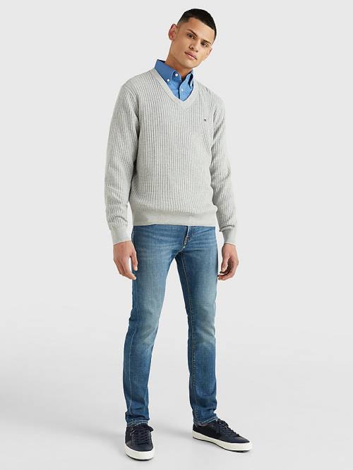 Tommy Hilfiger Knitted Grid Check V-Neck Jumper Kazak Erkek Gri | TH054NZQ