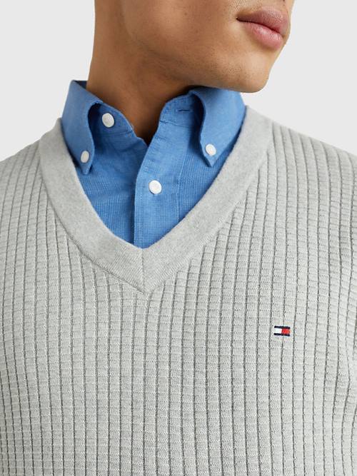 Tommy Hilfiger Knitted Grid Check V-Neck Jumper Kazak Erkek Gri | TH054NZQ