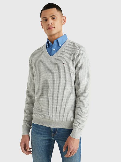 Tommy Hilfiger Knitted Grid Check V-Neck Jumper Kazak Erkek Gri | TH054NZQ