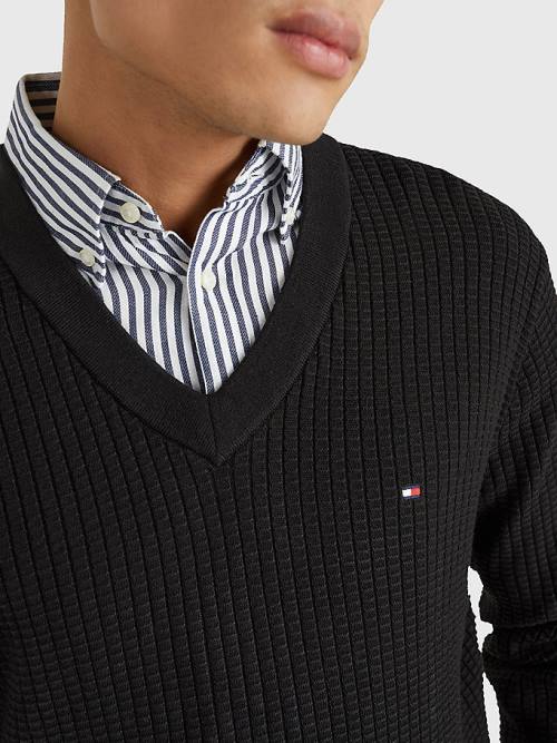 Tommy Hilfiger Knitted Grid Check V-Neck Jumper Kazak Erkek Siyah | TH147AMK