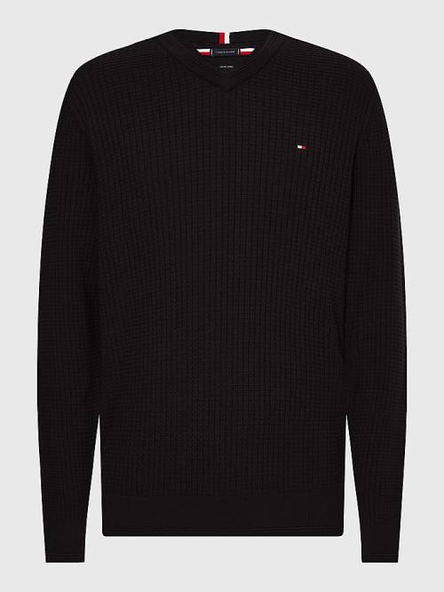 Tommy Hilfiger Knitted Grid Check V-Neck Jumper Kazak Erkek Siyah | TH147AMK