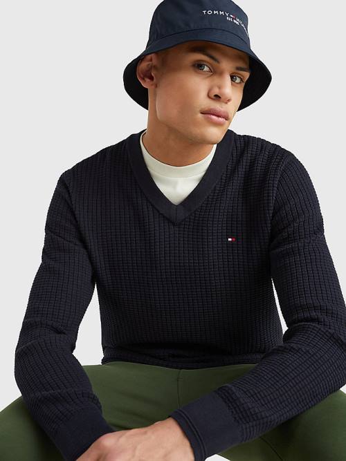 Tommy Hilfiger Knitted Grid Check V-Neck Jumper Kazak Erkek Mavi | TH193ANV