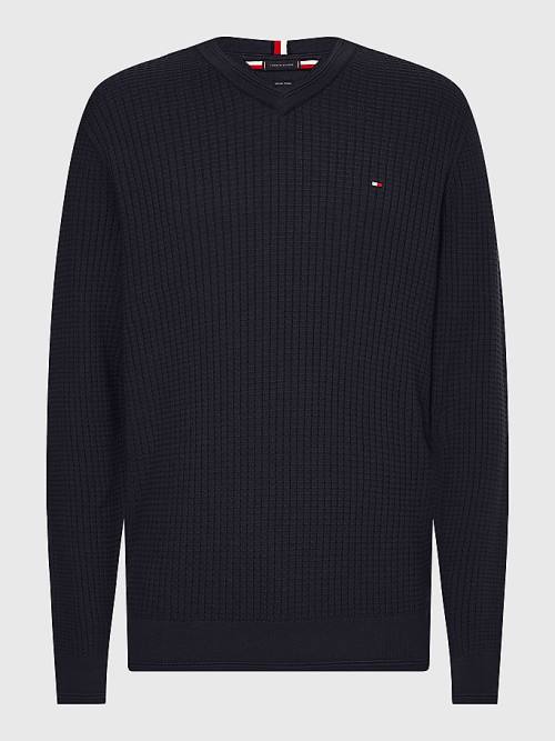 Tommy Hilfiger Knitted Grid Check V-Neck Jumper Kazak Erkek Mavi | TH193ANV