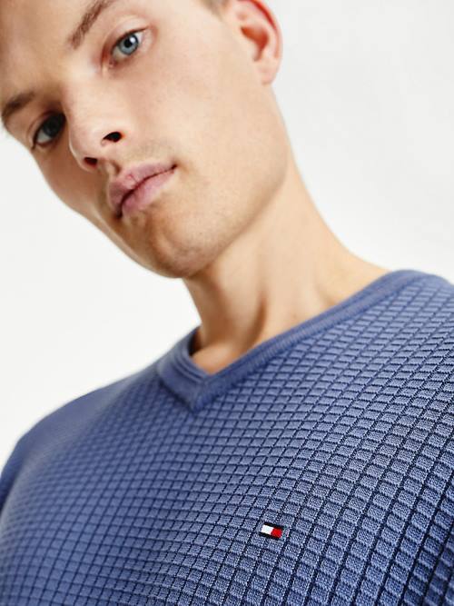 Tommy Hilfiger Knitted Grid Check V-Neck Jumper Kazak Erkek Mavi | TH815PBD