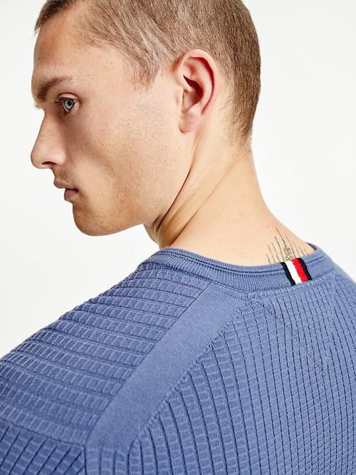 Tommy Hilfiger Knitted Grid Check V-Neck Jumper Kazak Erkek Mavi | TH815PBD