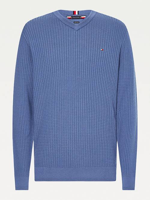 Tommy Hilfiger Knitted Grid Check V-Neck Jumper Kazak Erkek Mavi | TH815PBD