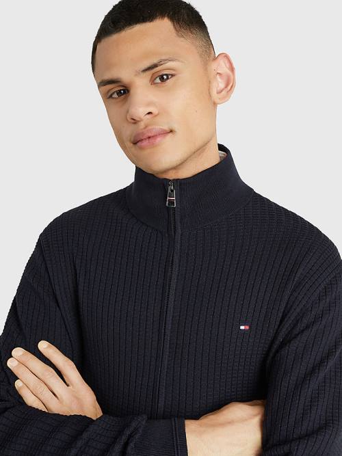 Tommy Hilfiger Knitted Grid Check Zip-Thru Jumper Kazak Erkek Mavi | TH687NIA