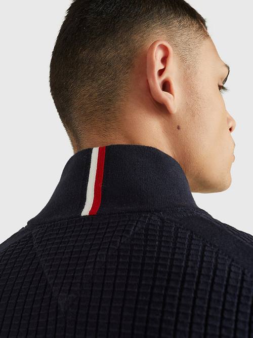 Tommy Hilfiger Knitted Grid Check Zip-Thru Jumper Kazak Erkek Mavi | TH687NIA