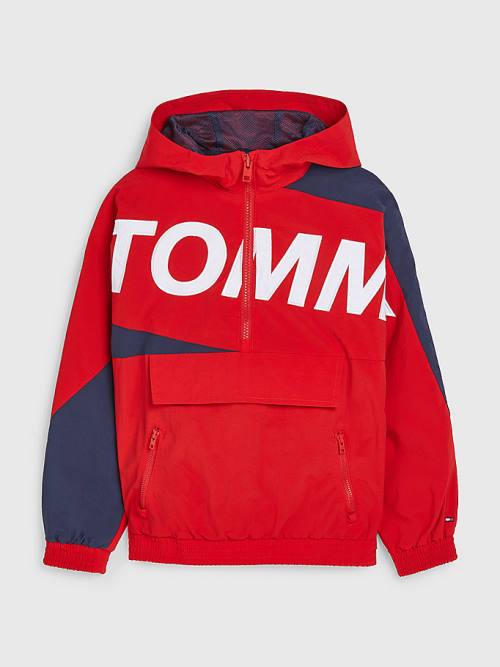 Tommy Hilfiger Kukuletalı Logo Chicago Windbreaker Ceket Erkek Çocuk Kırmızı | TH675CYR