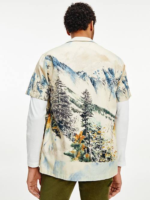 Tommy Hilfiger Landscape Print Regular Kısa Sleeve Gömlek Erkek Bej Rengi | TH512EAX