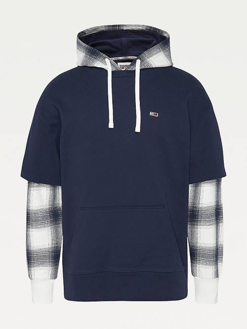 Tommy Hilfiger Layered Check Print Relaxed Kapüşonlu Sweatshirt Erkek Mavi | TH510CQB