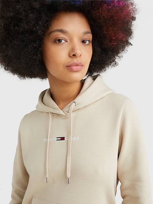 Tommy Hilfiger Linear Logo Kapüşonlu Sweatshirt Kadın Bej Rengi | TH842JCW