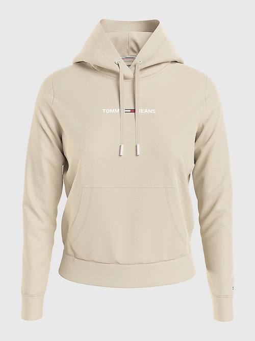 Tommy Hilfiger Linear Logo Kapüşonlu Sweatshirt Kadın Bej Rengi | TH842JCW