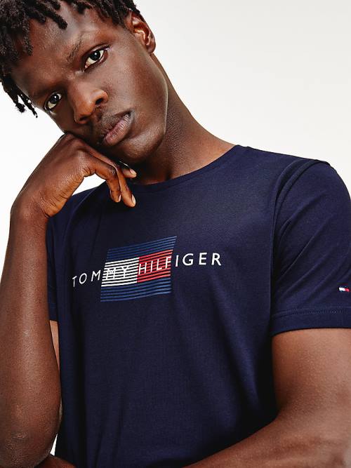 Tommy Hilfiger Lines Logo Organic Pamuklu Tişört Erkek Mavi | TH726GHI