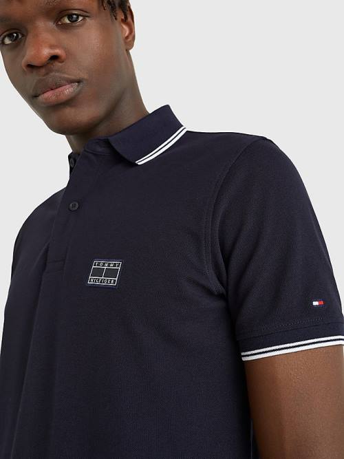 Tommy Hilfiger Logo Contrast Tipped Slim Polo Yaka Tişört Erkek Mavi | TH246MKP