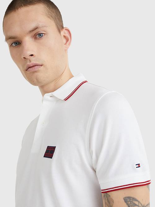 Tommy Hilfiger Logo Contrast Tipped Slim Polo Yaka Tişört Erkek Beyaz | TH463MXP