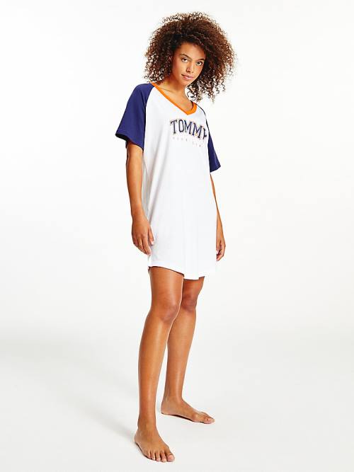 Tommy Hilfiger Logo Contrast Trim Colour-Blocked Nightdress Pijama Kadın Mavi | TH526CPV