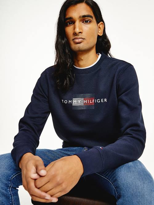 Tommy Hilfiger Logo Crew Neck Sweatshirt Erkek Mavi | TH284ZCL