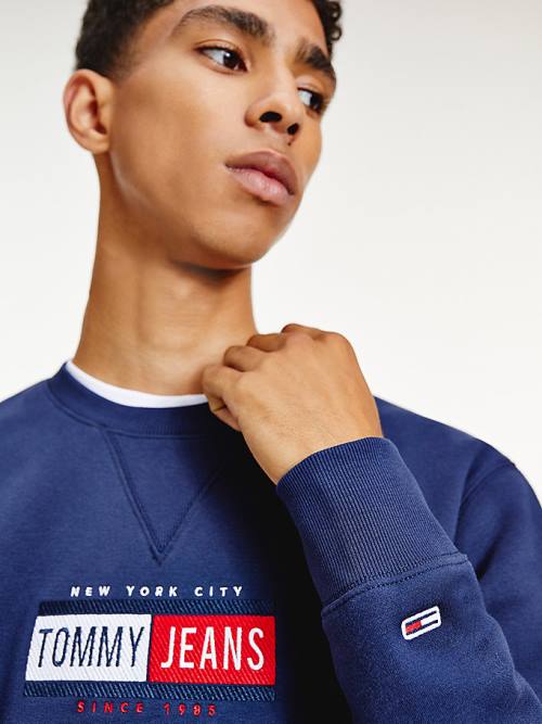 Tommy Hilfiger Logo Crew Neck Sweatshirt Erkek Mavi | TH506UXR