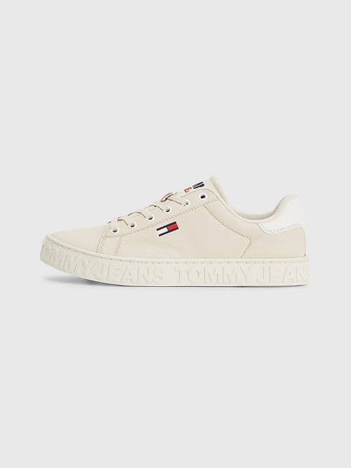 Tommy Hilfiger Logo Deri Cupsole Spor Ayakkabı Kadın Bej Rengi | TH064NQP