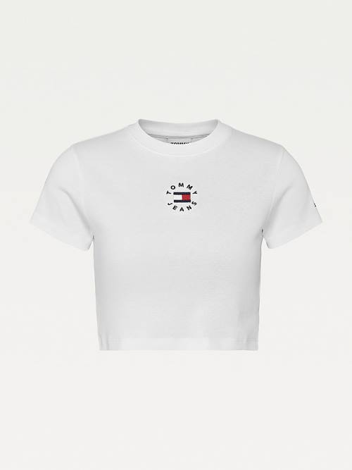 Tommy Hilfiger Logo Embroidery Cropped Tişört Kadın Beyaz | TH824NZH