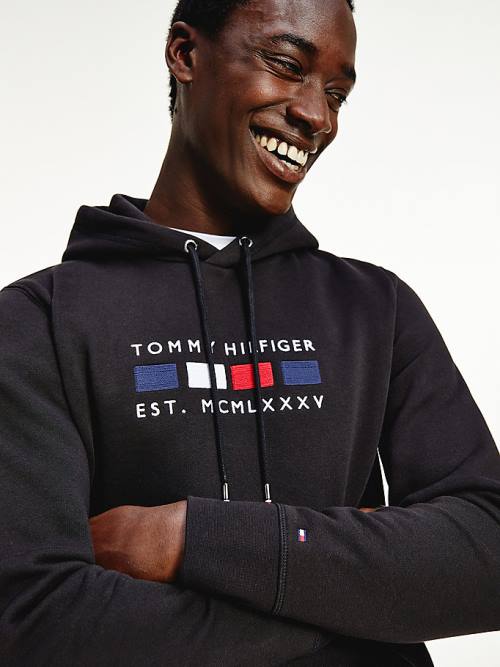 Tommy Hilfiger Logo Embroidery Fleece Kapüşonlu Sweatshirt Erkek Siyah | TH340DWI