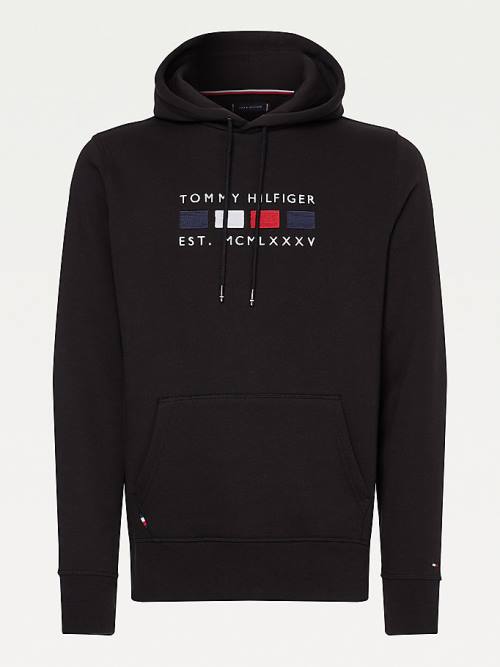 Tommy Hilfiger Logo Embroidery Fleece Kapüşonlu Sweatshirt Erkek Siyah | TH340DWI