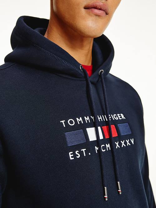 Tommy Hilfiger Logo Embroidery Fleece Kapüşonlu Sweatshirt Erkek Mavi | TH758TCH