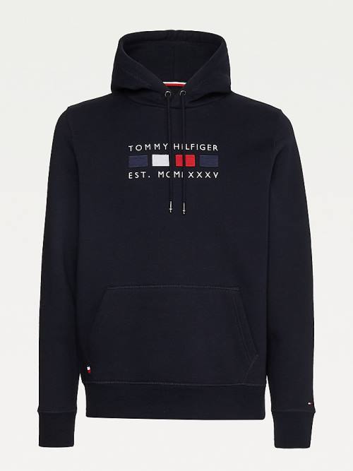 Tommy Hilfiger Logo Embroidery Fleece Kapüşonlu Sweatshirt Erkek Mavi | TH758TCH