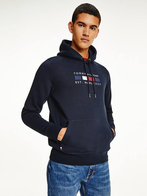 Tommy Hilfiger Logo Embroidery Fleece Kapüşonlu Sweatshirt Erkek Mavi | TH758TCH