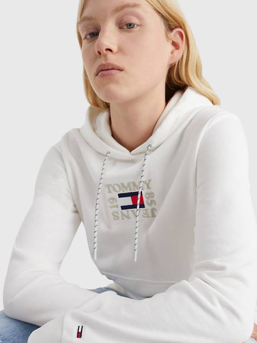 Tommy Hilfiger Logo Embroidery Kapüşonlu Sweatshirt Kadın Beyaz | TH923KYG