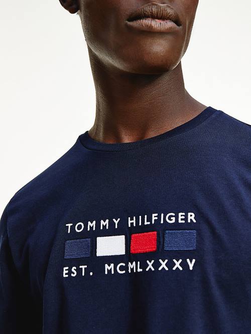 Tommy Hilfiger Logo Embroidery Long Sleeve Tişört Erkek Mavi | TH174XIH