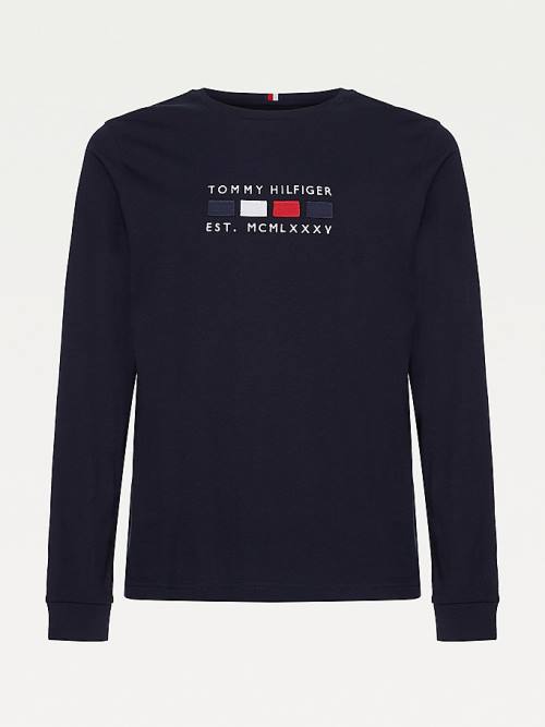 Tommy Hilfiger Logo Embroidery Long Sleeve Tişört Erkek Mavi | TH174XIH