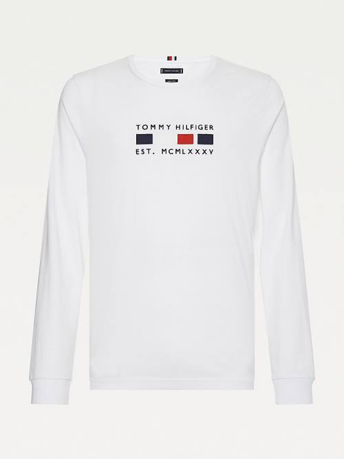 Tommy Hilfiger Logo Embroidery Long Sleeve Tişört Erkek Beyaz | TH417UJA