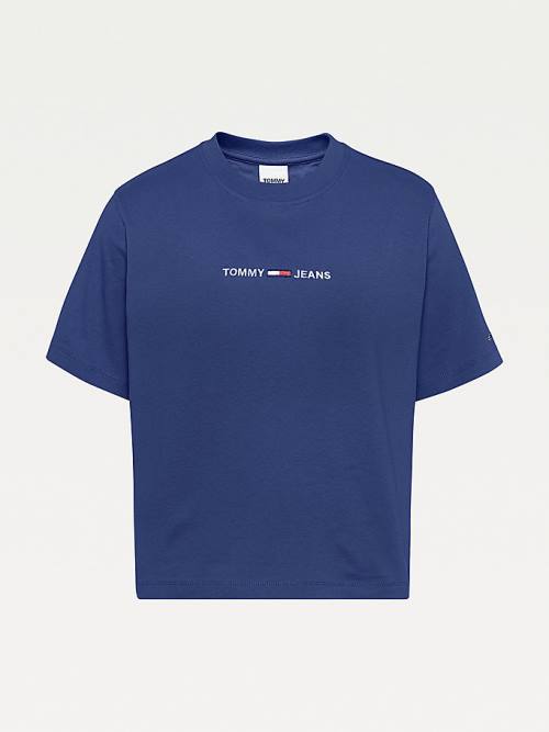 Tommy Hilfiger Logo Embroidery Organic Pamuklu Tişört Kadın Mavi | TH029CQT