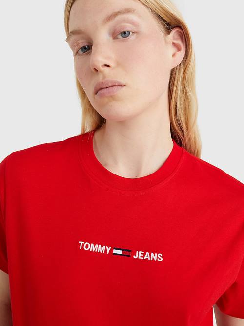 Tommy Hilfiger Logo Embroidery Organic Pamuklu Tişört Kadın Kırmızı | TH237KDI